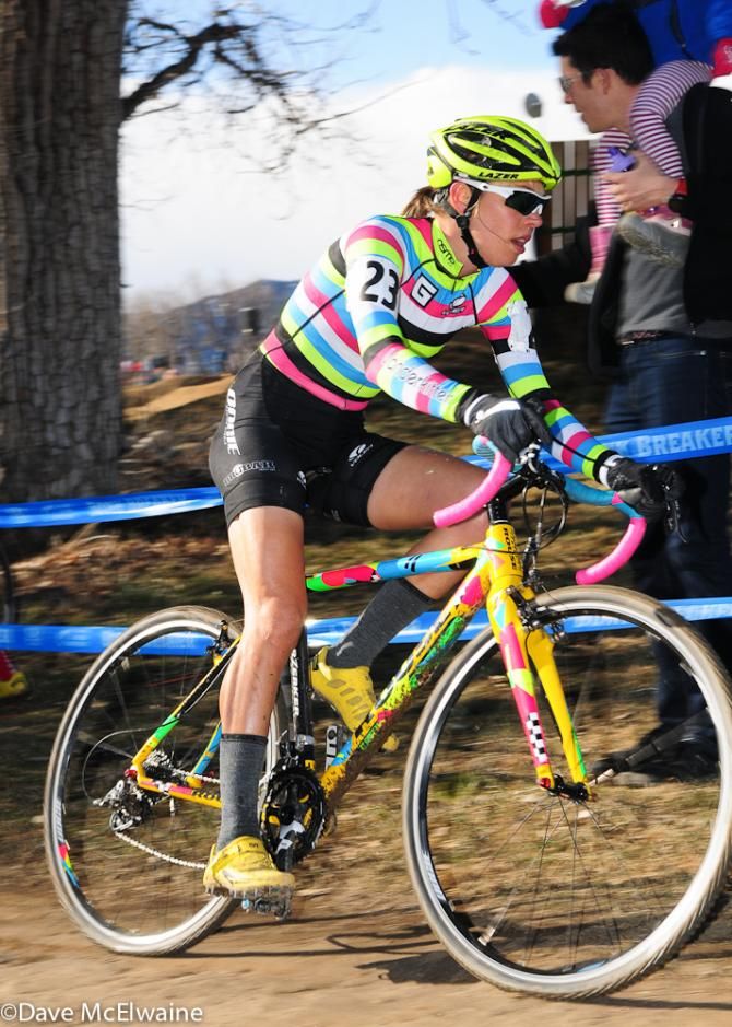Emily Kachorek (#GHETOMOTO) riding near the front on lap one