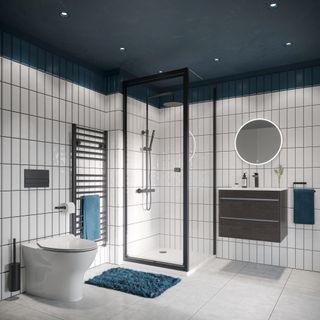 A dark blue ceiling in a bathroom