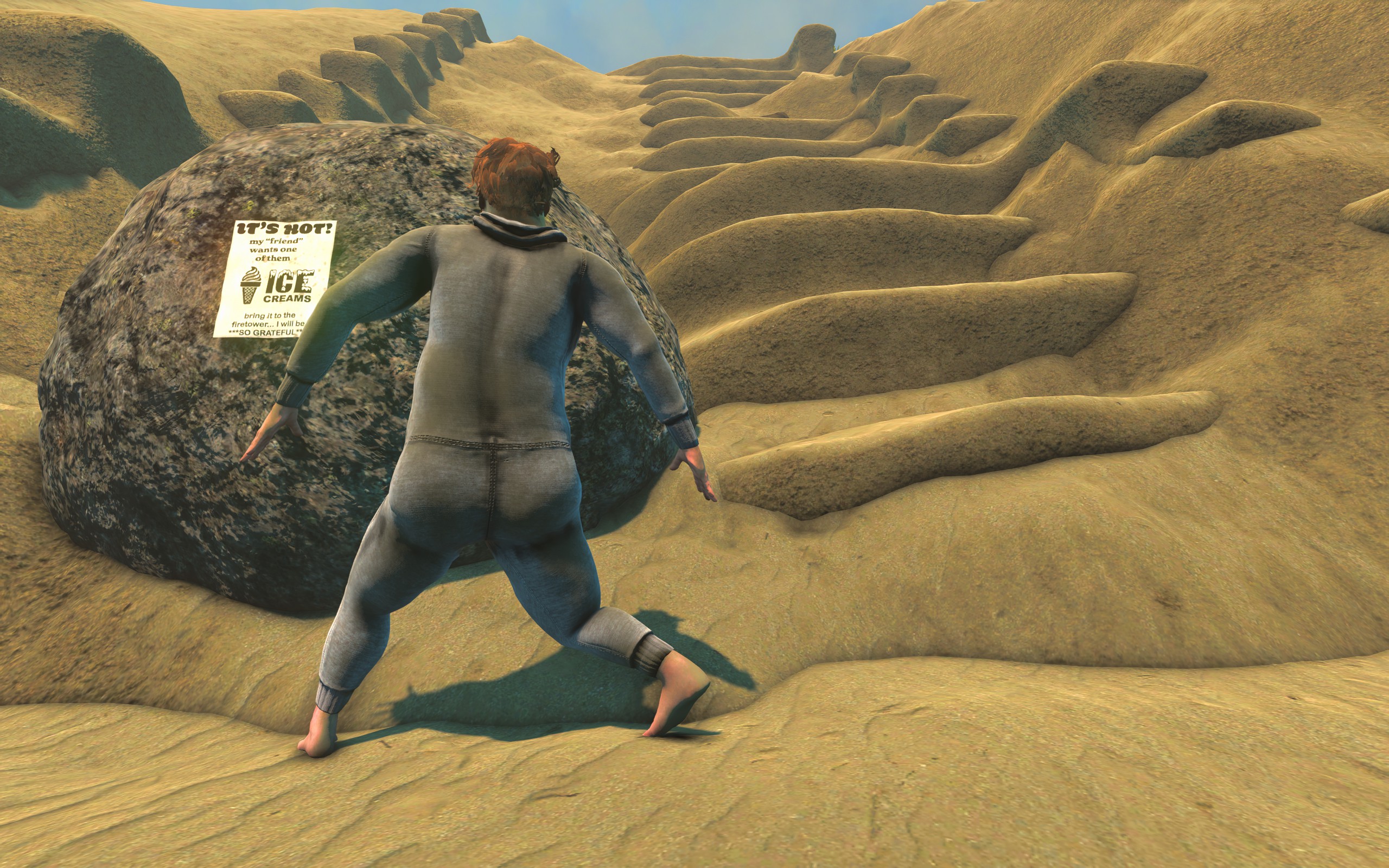 Gabe tries to navigate steps made of sand