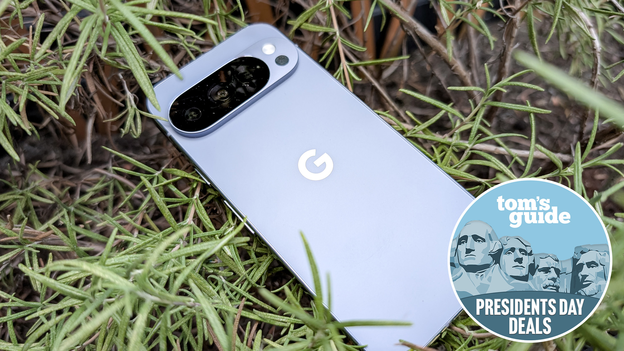 The Google Pixel 10 Pro in Moonstone, with a Tom's Guide Presidents' Day Deals badge