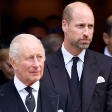 Prince William and King Charles wearing suits and ties standing next to each other