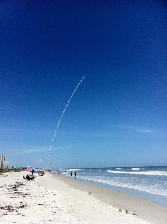 Astronaut Nicole Stott caught Juno's launch on August 5, 2011. She tweeted the picture with this comment: "Our view of Juno launch from Cocoa Beach. Next stop Jupiter! Beautiful!"