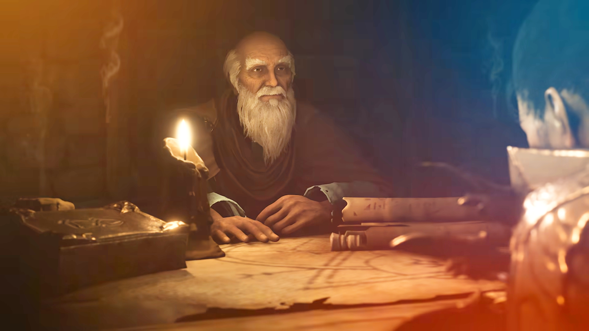 A screencap of the Diablo 4 Season of Hell's Legacy gameplay trailer. Old man Deckard Cain sits at a candlelit table.
