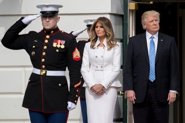 Melania Trump waits with President Trump to greet Israeli Prime Minister Benjamin Netanyahu.