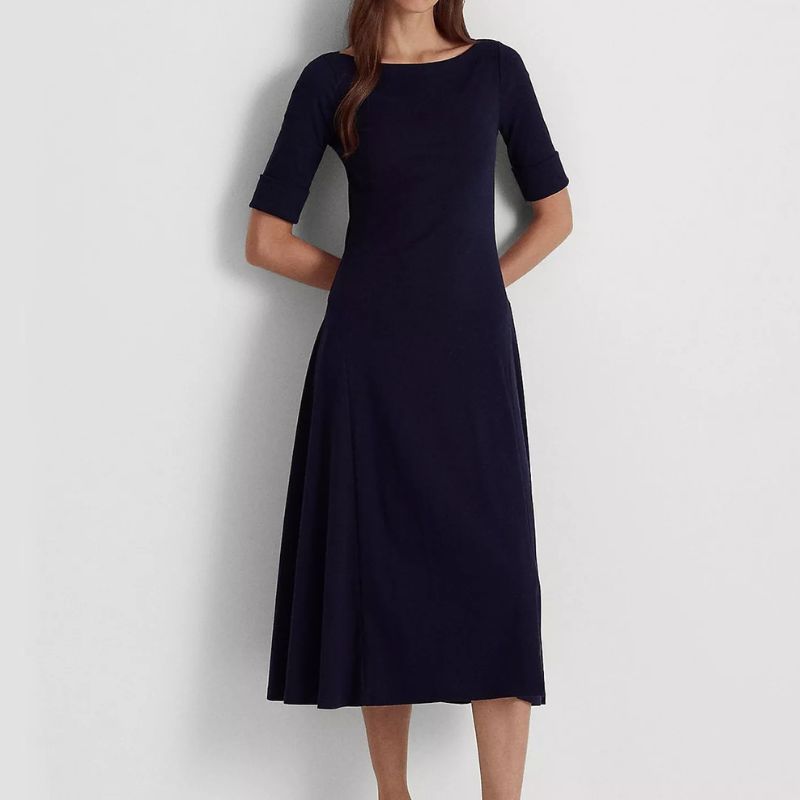 navy 3/4 sleeve fit and flare dress
