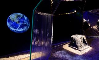 Futuristic image, moon terrain, view from inside an open tent, lights on inside, stone seating, black background, projection of the earth and a galaxy in the distance on the left