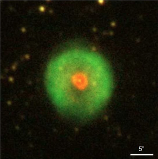 A color composite image of planetary nebula HuBi1 reveals a low-excitation inner shell, and high-excitation outer shell, effectively appearing to be inside out.