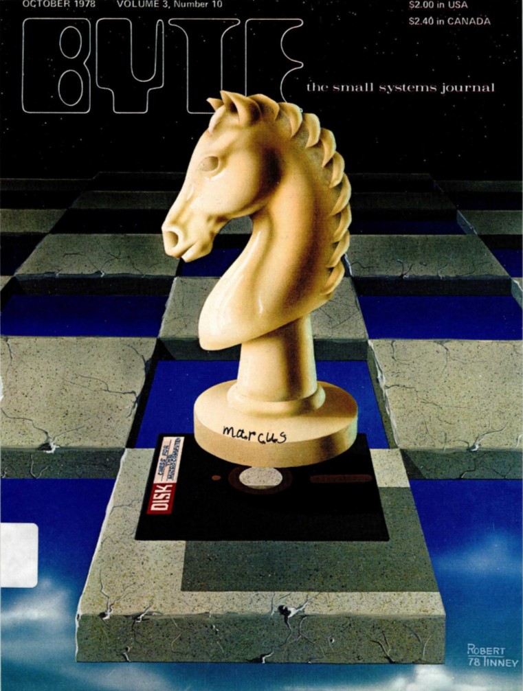 Byte cover showing Knight chess piece floating over floppy disc in surreal chessboard