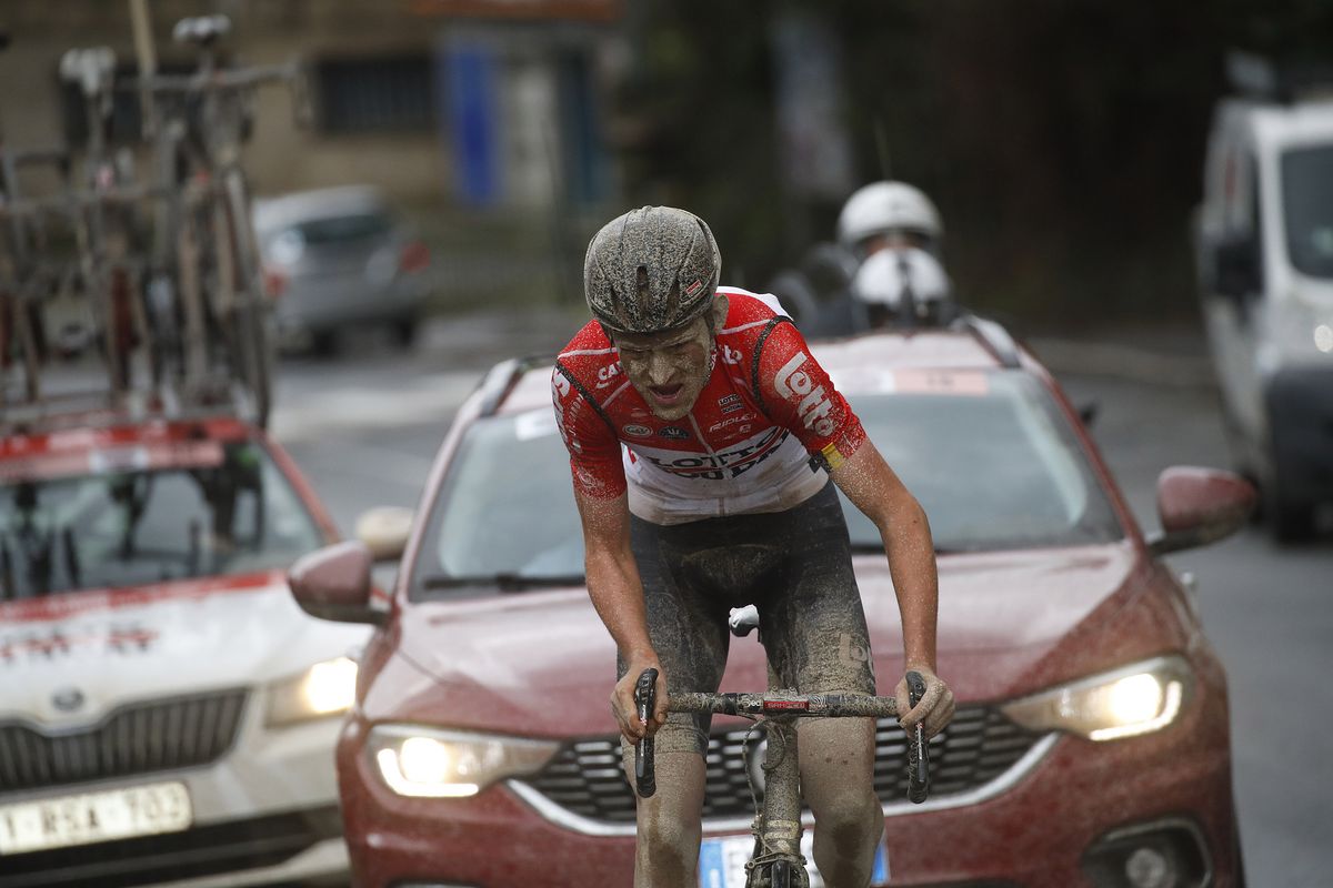 Tiesj Benoot (Lotto Soudal) on his way to victory in Strade Bianche