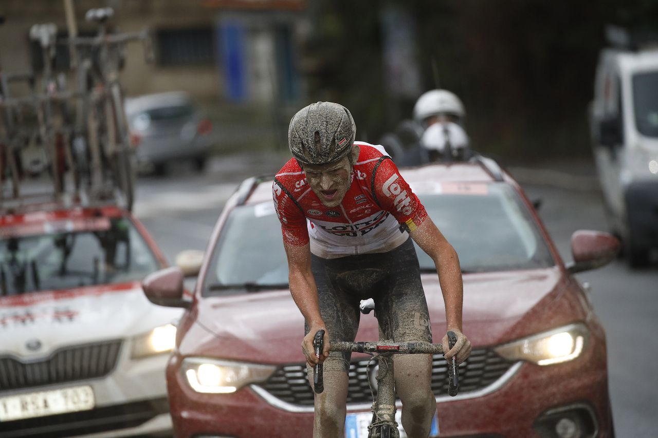 Tiesj Benoot (Lotto Soudal) on his way to victory in Strade Bianche