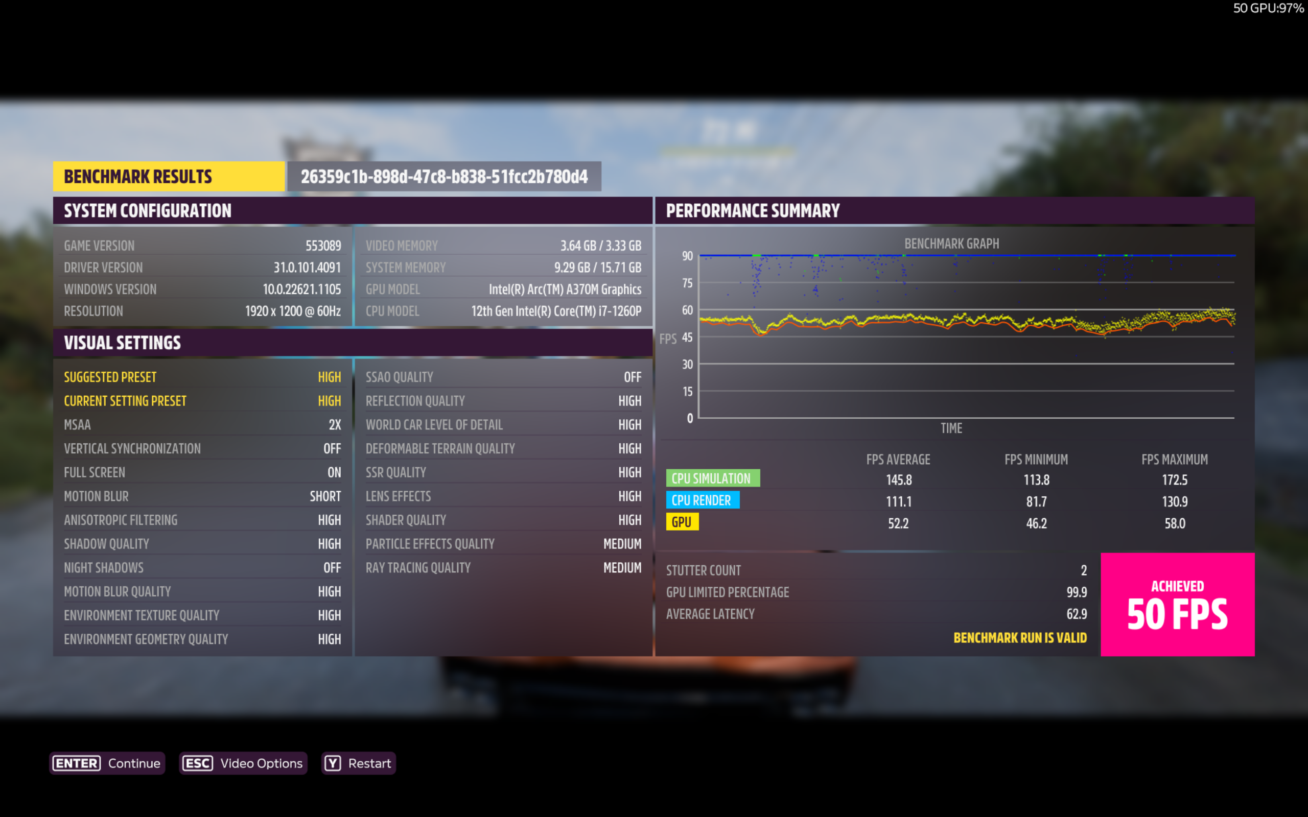 Benchmark results for Forza Horizon 5 running on the Intel Arc A370M