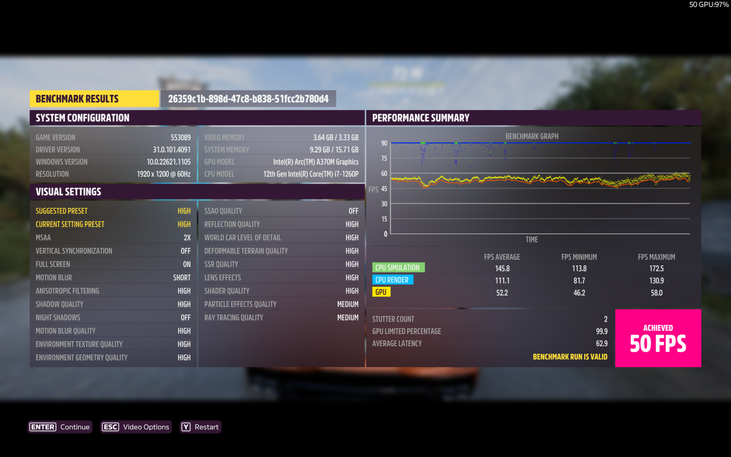 Resultados de benchmark para Forza Horizon 5 rodando no Intel Arc A370M