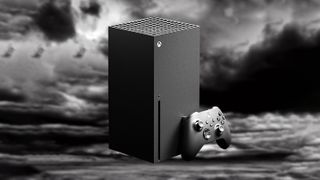 Xbox Series X on a cloudy black and white background