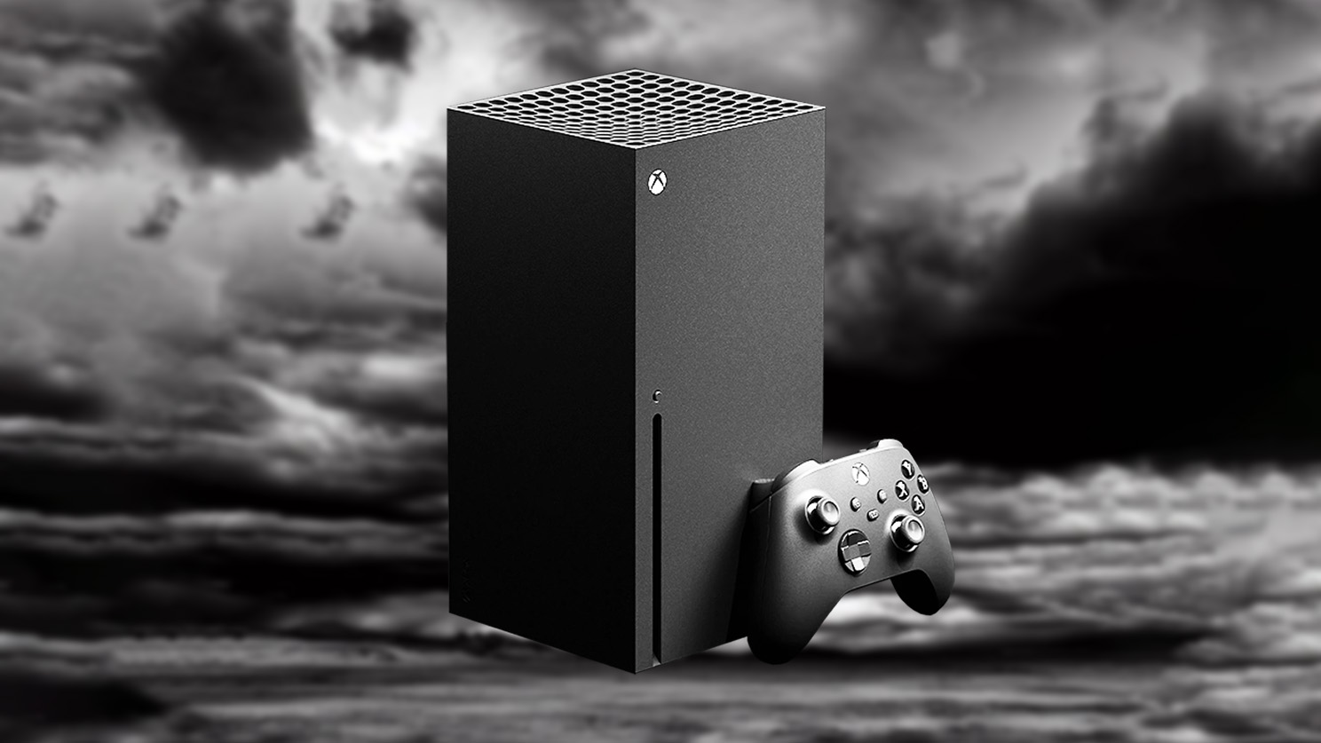 Xbox Series X em um fundo preto e branco nublado
