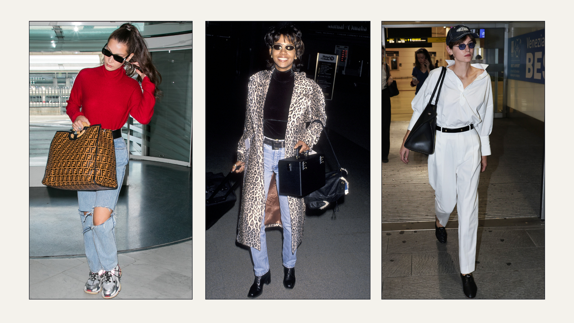 Bella Hadid, Halle Berry and Emma Corrin wearing airport outfits. 