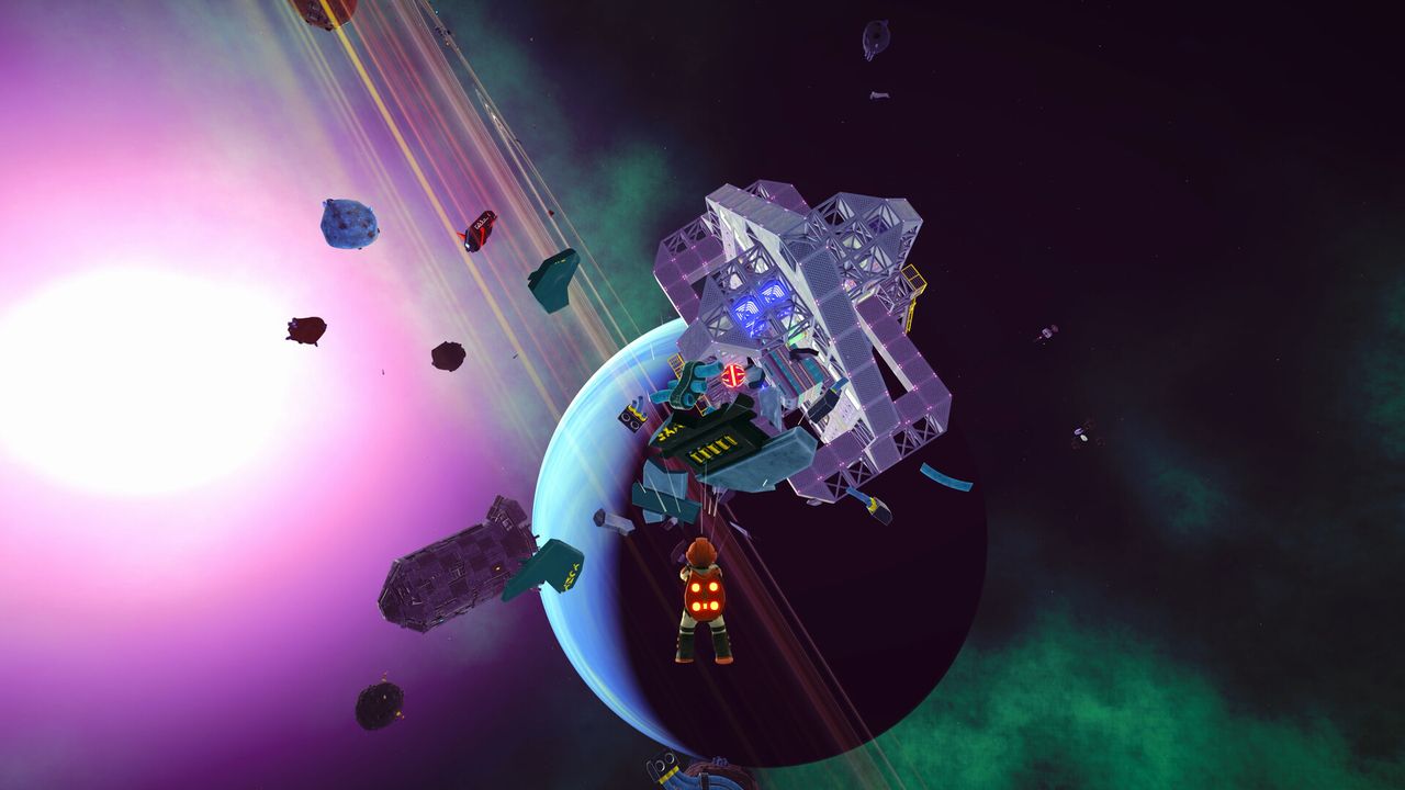 Screenshot of colorful astronaut and environment from Space Trash Scavenger