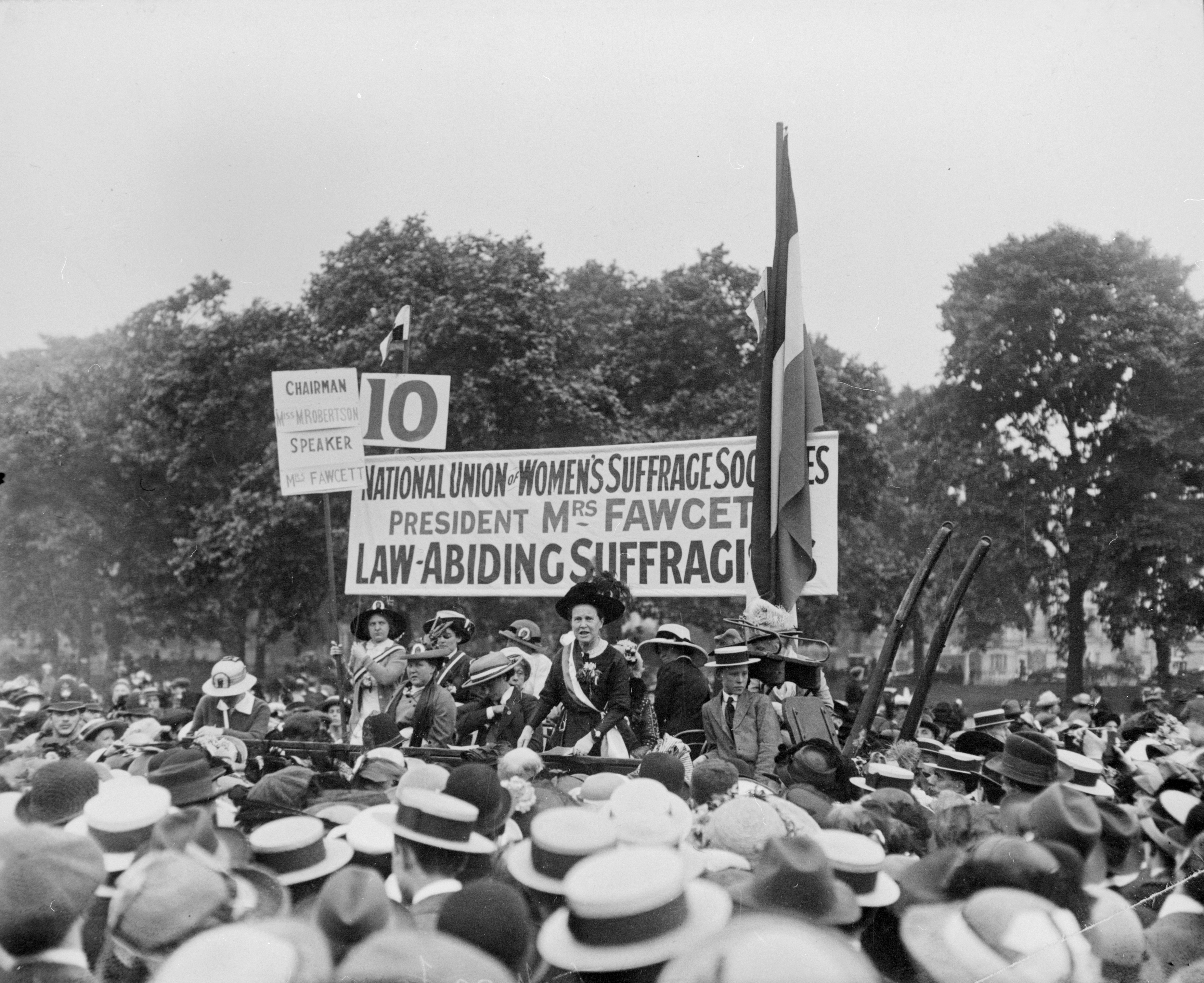 Dame Millicent Fawcett, (1847 - 1929), addressing a meeting in Hyde Park as president of the National Union of Women&amp;amp;apos;s Suffrage Societies, an office she held from 1897 to 1919.