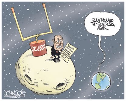 Political cartoon U.S. Rudy Giuliani collusion goalpost Trump Russia investigation