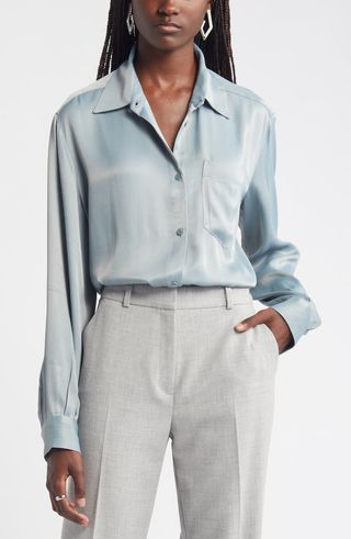 Bishop Sleeve Satin Button-Up Shirt