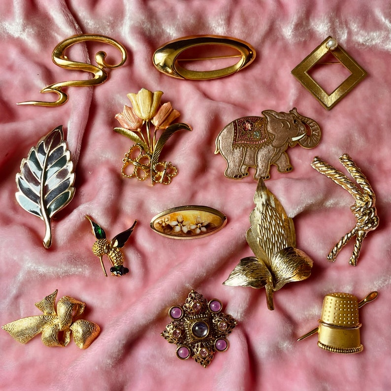Pick One Vintage 60s-90s Warm Gold Tone Figural or Abstract Brooch
