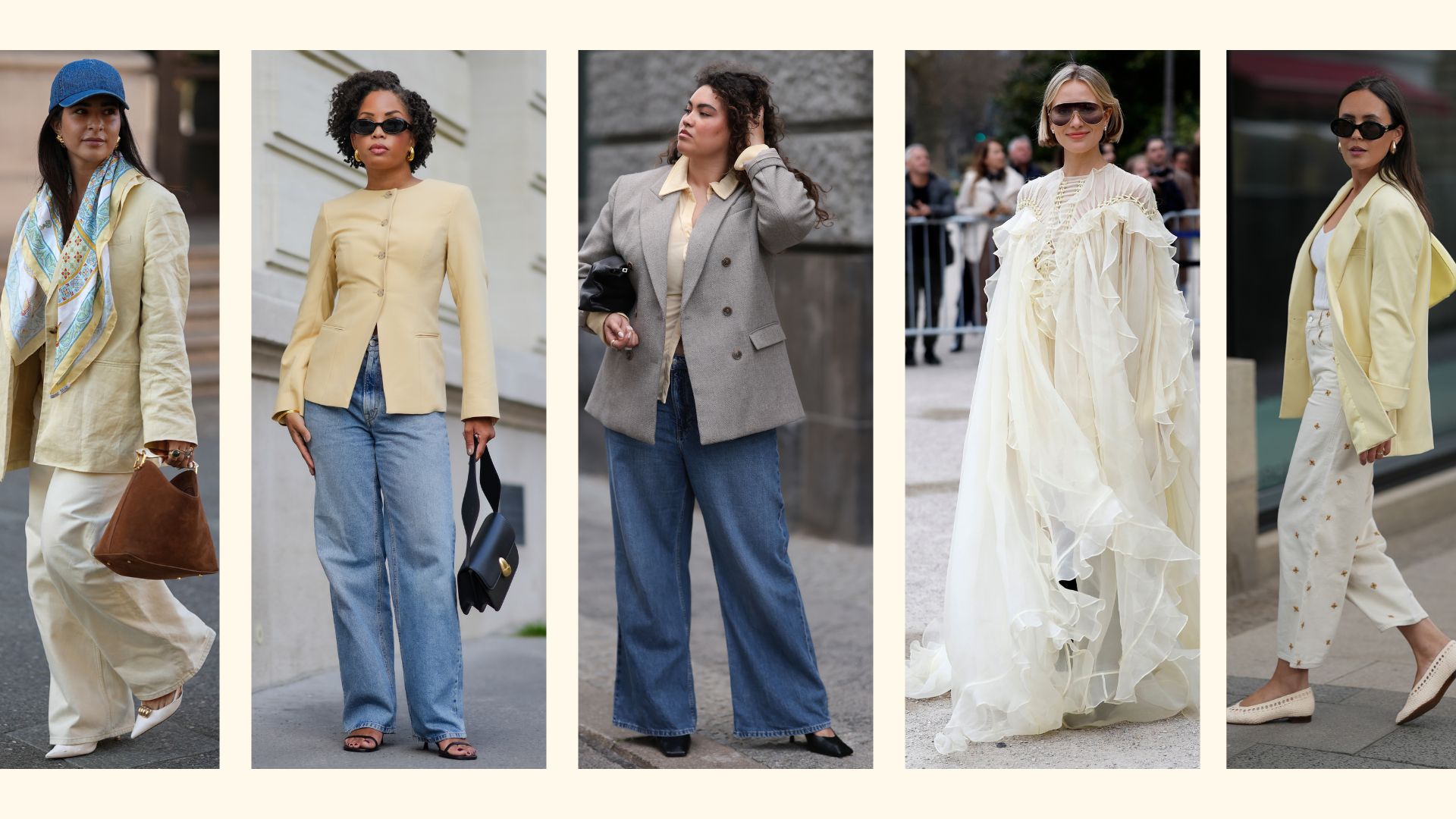 5 women wearing butter yellow outfits