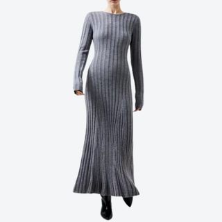 French Connection Long Sleeve Rib Maxi Sweater Dress in grey on model 