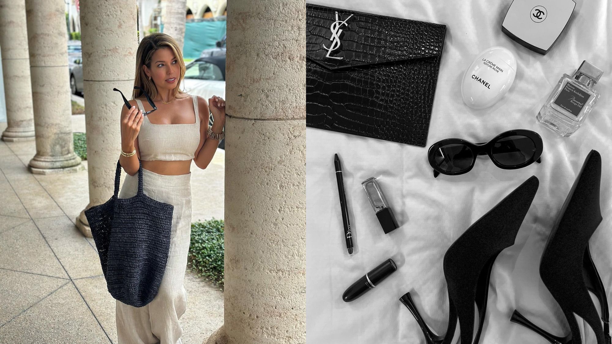 Images of Sandra Bruno posing in a linen matching set and a flatlay of beauty products and accessories.