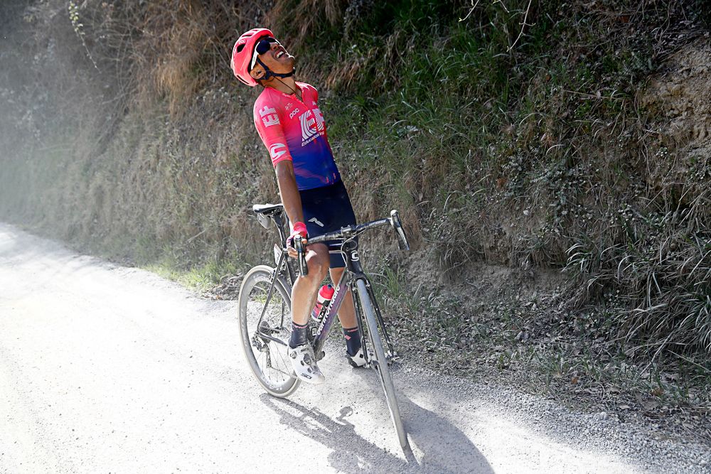 Alberto Bettiol (EF Education First) shows the strain of Strade Bianche