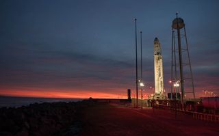 An Orbital ATK Antares rocket, seen here in a file photo on its launchpad at NASA's Wallops Flight Facility on Wallops Island, Virginia, will launch before dawn on May 20, 2018. It may be visible to spectators along the U.S. East Coast.