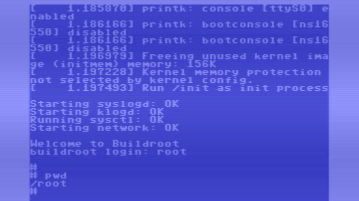 Screenshot von Linux, das auf einem Commodore 64 läuft