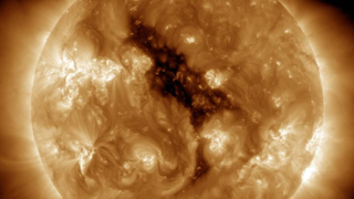 A close up of the sun in 2012 shows an extreme coronal hole.