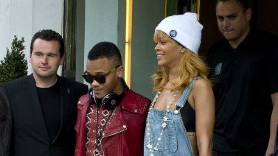 Rihanna dressed in overalls