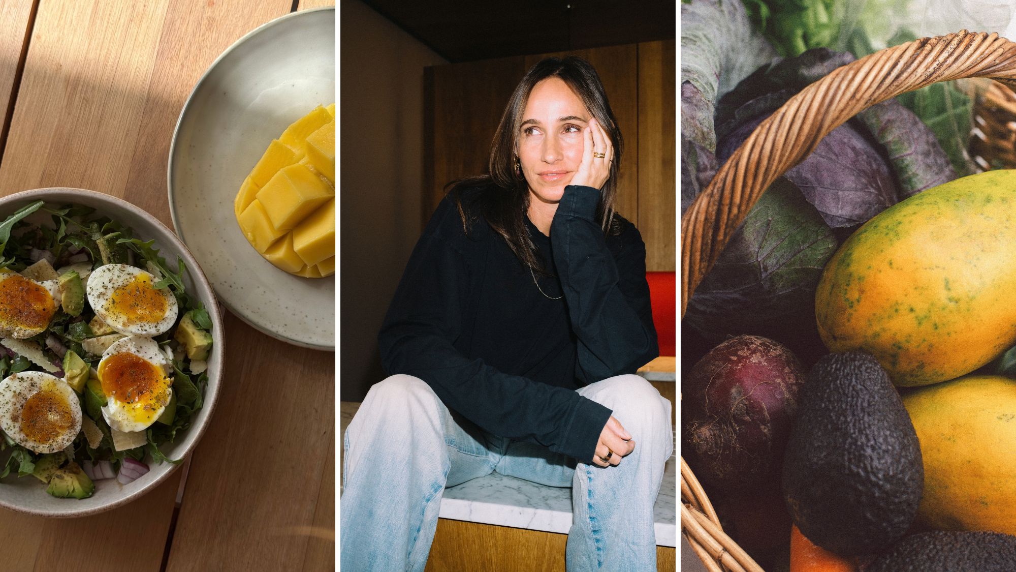 Nutritionist Rosemary Ferguson; a salad with eggs, rocket, and a plate of fresh mango