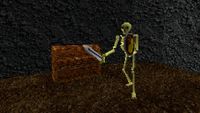 A mind-boggling skeleton stands next to a chest in King's Field