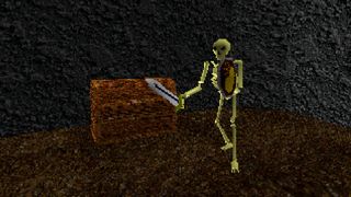 A mind-boggling skeleton stands next to a chest in King's Field