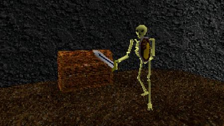 A mind-boggling skeleton stands next to a chest in King's Field
