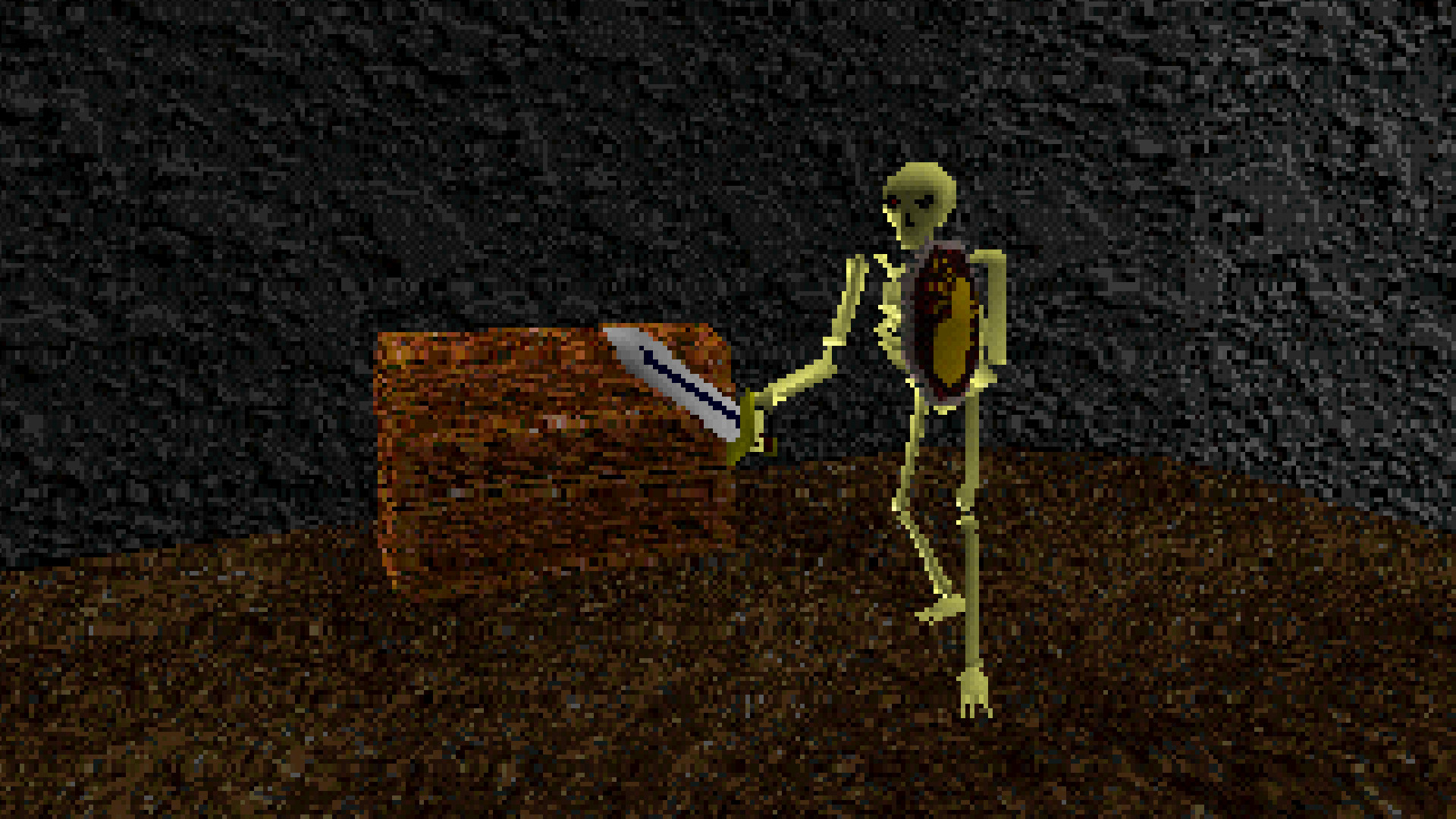 A mind-boggling skeleton stands next to a chest in King's Field