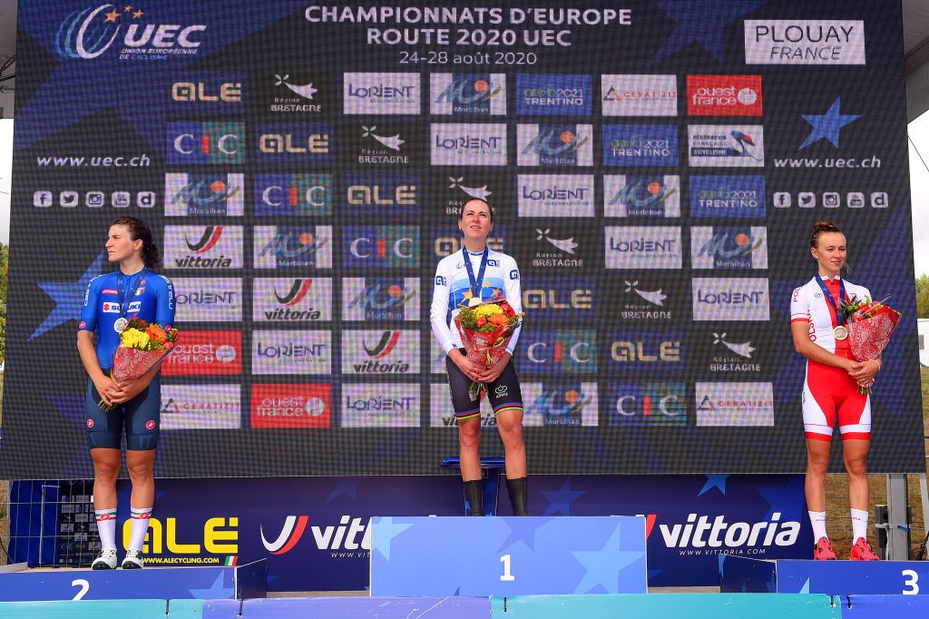 PLOUAY FRANCE AUGUST 27 Podium Elisa Longo Borghini of Italy Silver medal Annemiek Van Vleuten of The Netherlands European Champion Jersey Gold medal Katarzyna Niewiadoma of Poland Bronze medal Celebration Flowers during the 26th UEC Road European Championships 2020 Womens Elite Road Race a 1092km race from Plouay to Plouay GrandPrixPlouay GPPlouay on August 27 2020 in Plouay France Photo by Luc ClaessenGetty Images
