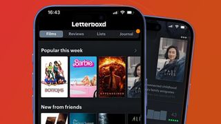 Two phones on a red and orange background showing the Letterboxd app