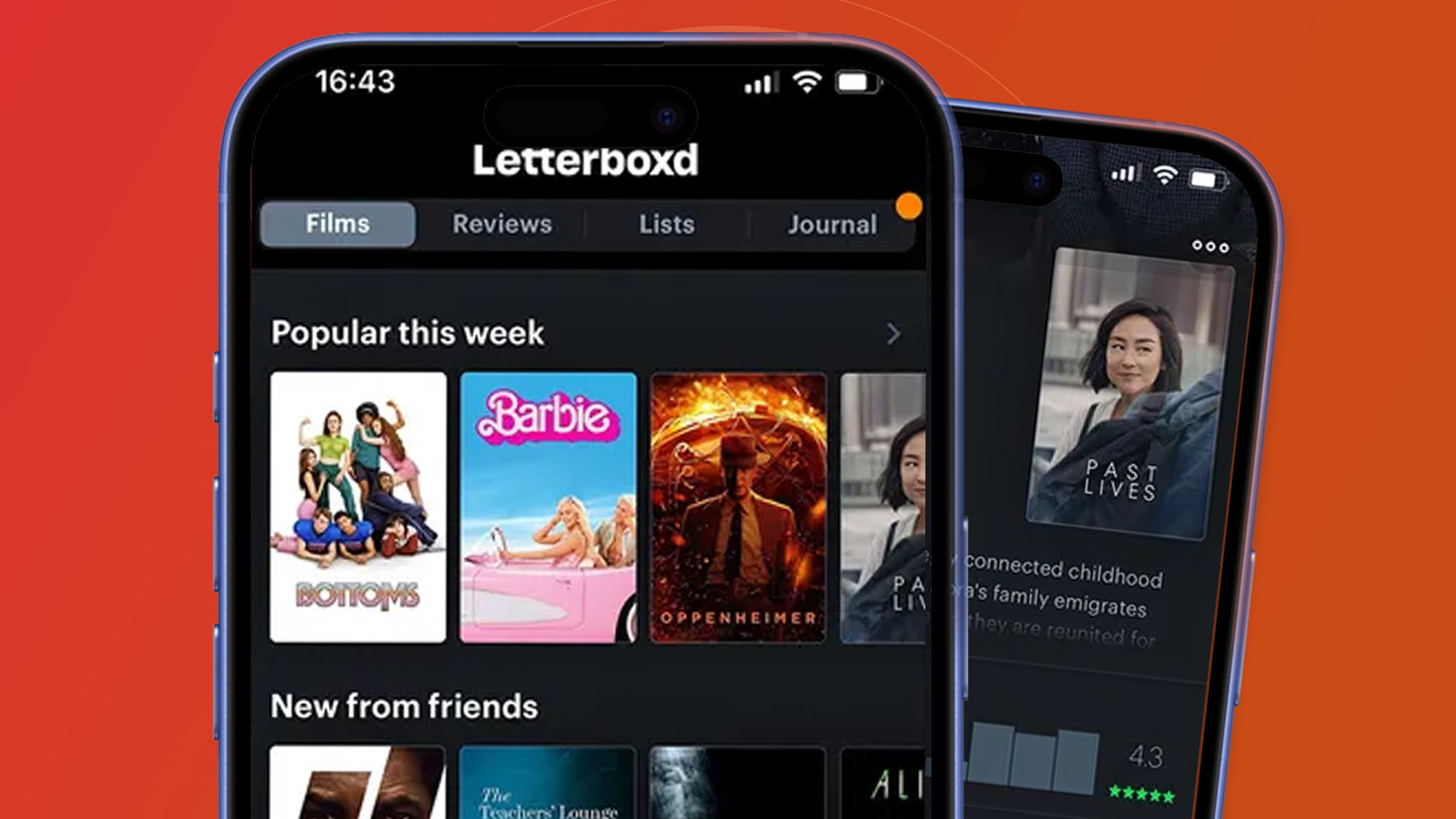 Two phones on a red and orange background showing the Letterboxd app