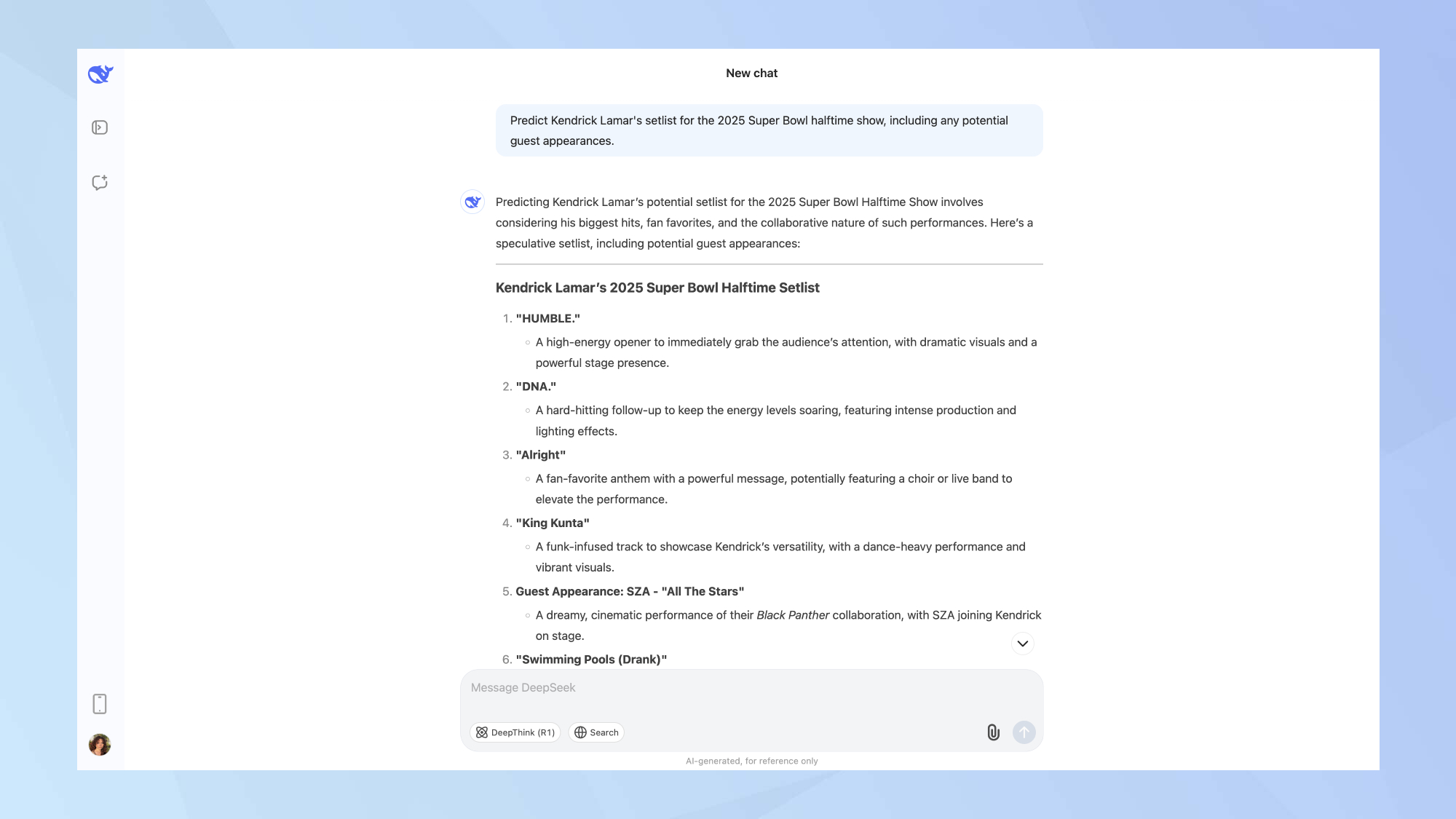DeepSeek Kendrick Super Bowl prediction 