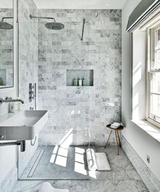 Small wet room ideas with marble tiles