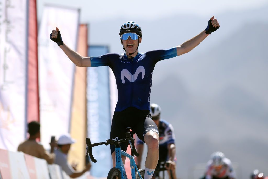 JABAL HATT OMAN FEBRUARY 13 EDITORS NOTE Alternate crop Matteo Jorgenson of The United States and Movistar Team celebrates at finish line as stage winner during the 12th Tour of Oman 2023 Stage 3 a 1518km stage from Al Khobar to Jabal Hatt 1000m TourofOman on February 13 2023 in Jabal Hatt Oman Photo by Alex BroadwayGetty Images