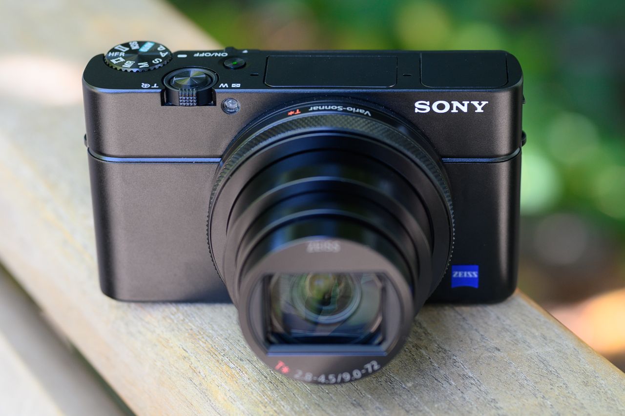 The Sony RX100 VII compact camera resting on a wooden ledge