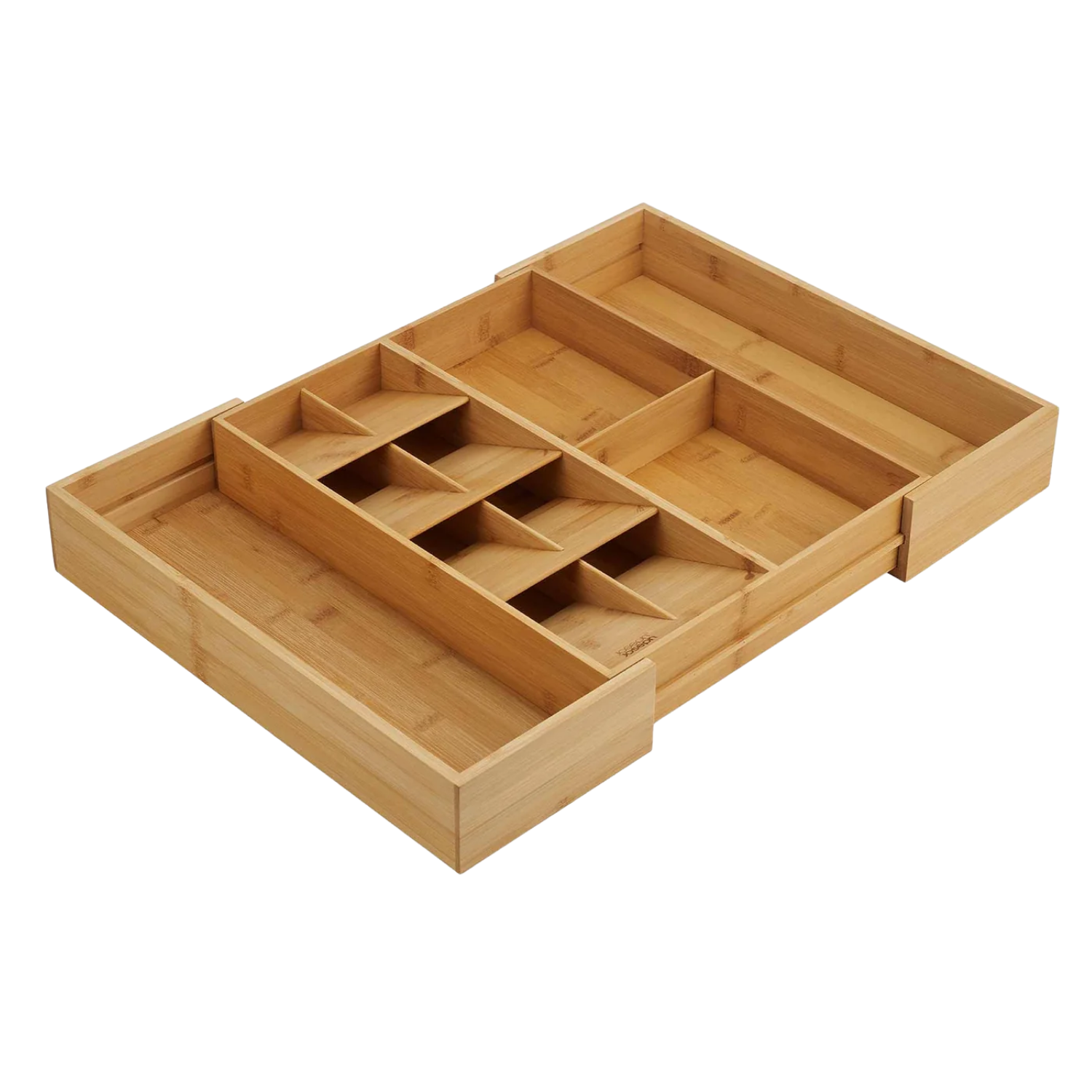 A bamboo wood expandable cutlery organizer