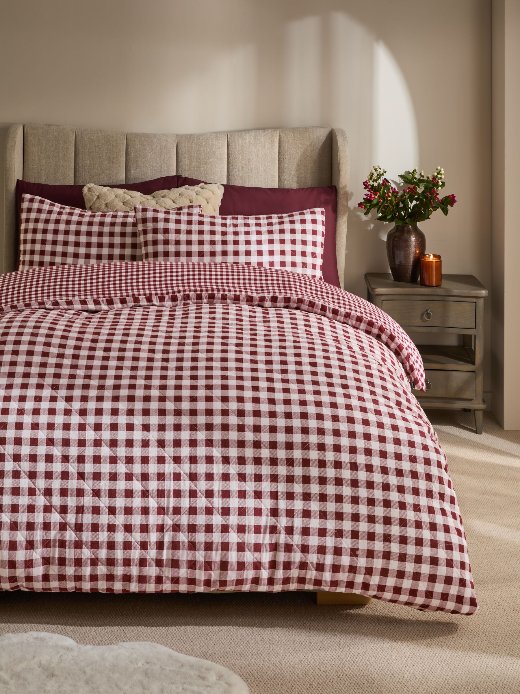 Red Gingham Supersoft Brushed Cotton Reversible Quilted Duvet Cover and Pillowcase Set