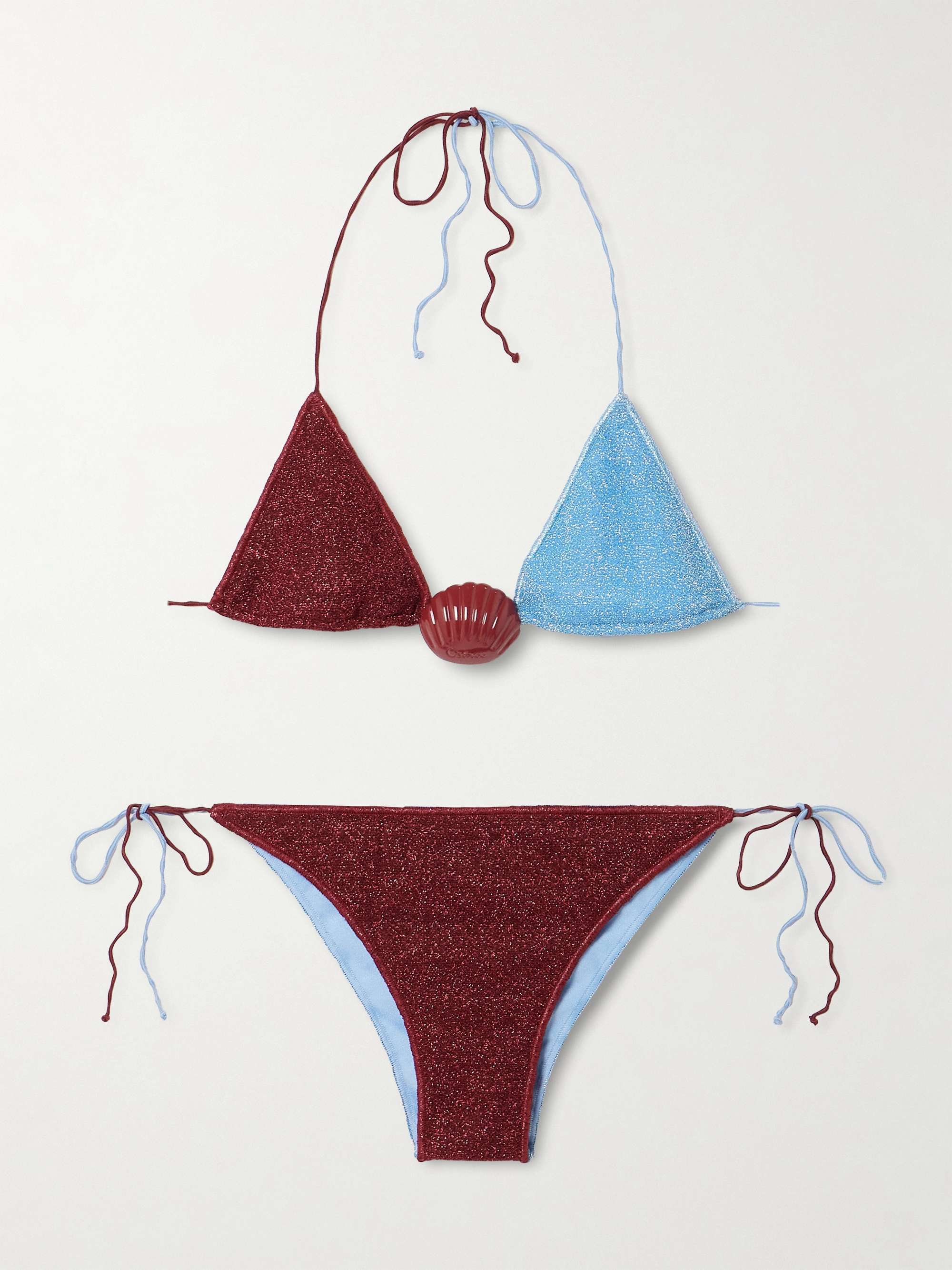 Lumière Shell Embellished Two-Tone Metallic Triangle Bikini