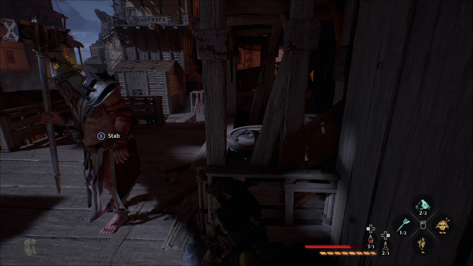 Styx is prompted to stab a guard near the corner he's hiding within in Styx: Blades of Greed