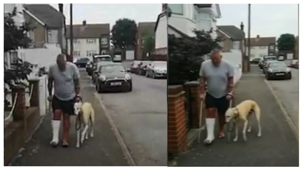 Russell walking with his dog, Bill, limping 