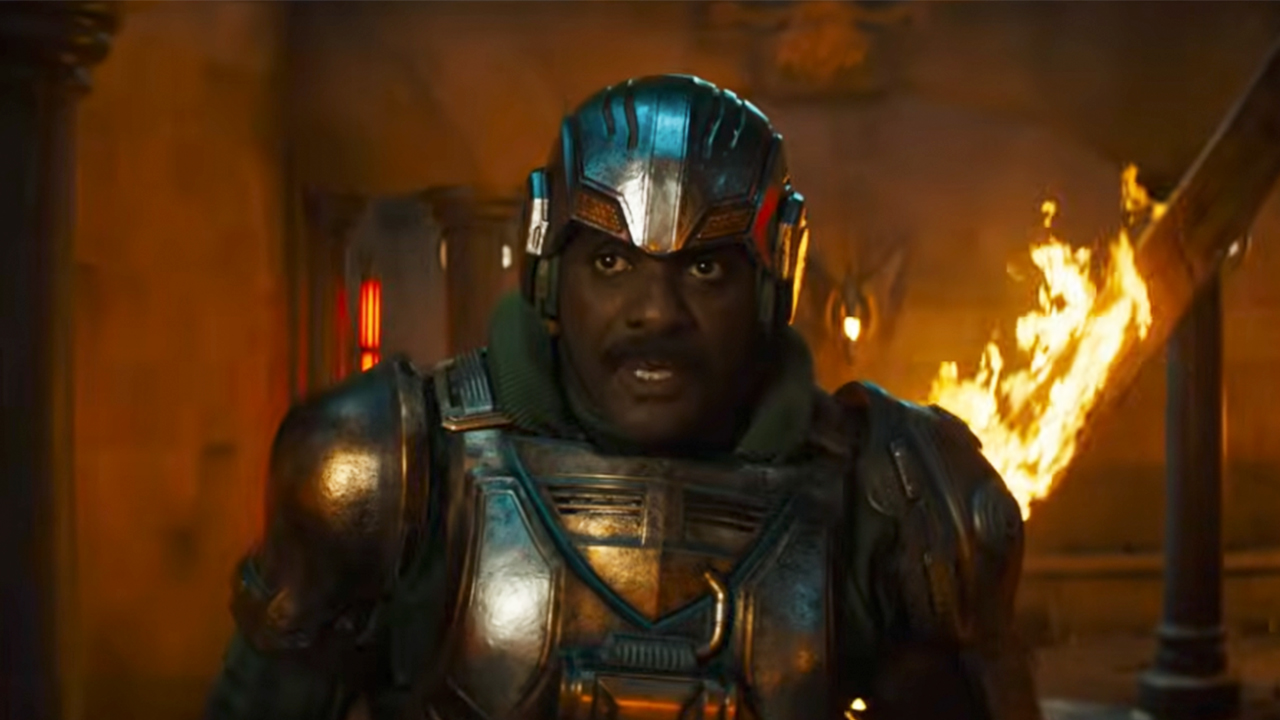 Edris Elba looking serious as Man at Arms in Masters of the Universe.